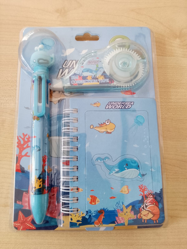 3 Pcs Stationery Set | Notebook, Correction Tape & 6-Pin Pen – No: 8023